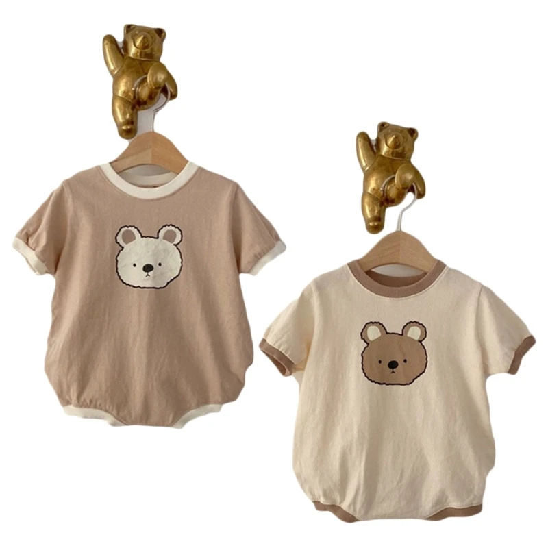 

Short Sleeve Bear Print Bodysuit Summer Outfit Clothes Cotton Pullover Top Snap Closure Infant One-Piece Baby Bodysuit