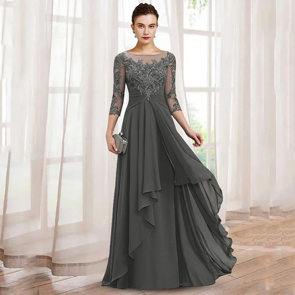 

CC Elegant A-Line Mother Of the Bride Dresses Chiffon Appliques Long Party Dresses Woman For Weddings Pleat Vestido De Noche