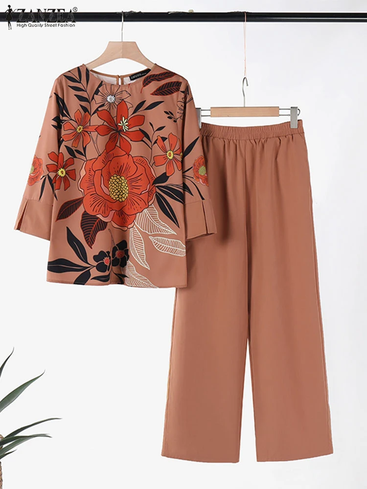 

ZANZEA 2PCS Bohemian Tracksuits Autumn Pant Sets Women Vintage Floral 3/4 Sleeve Blouse OL Trousers Suit Fashion Two Piece Sets