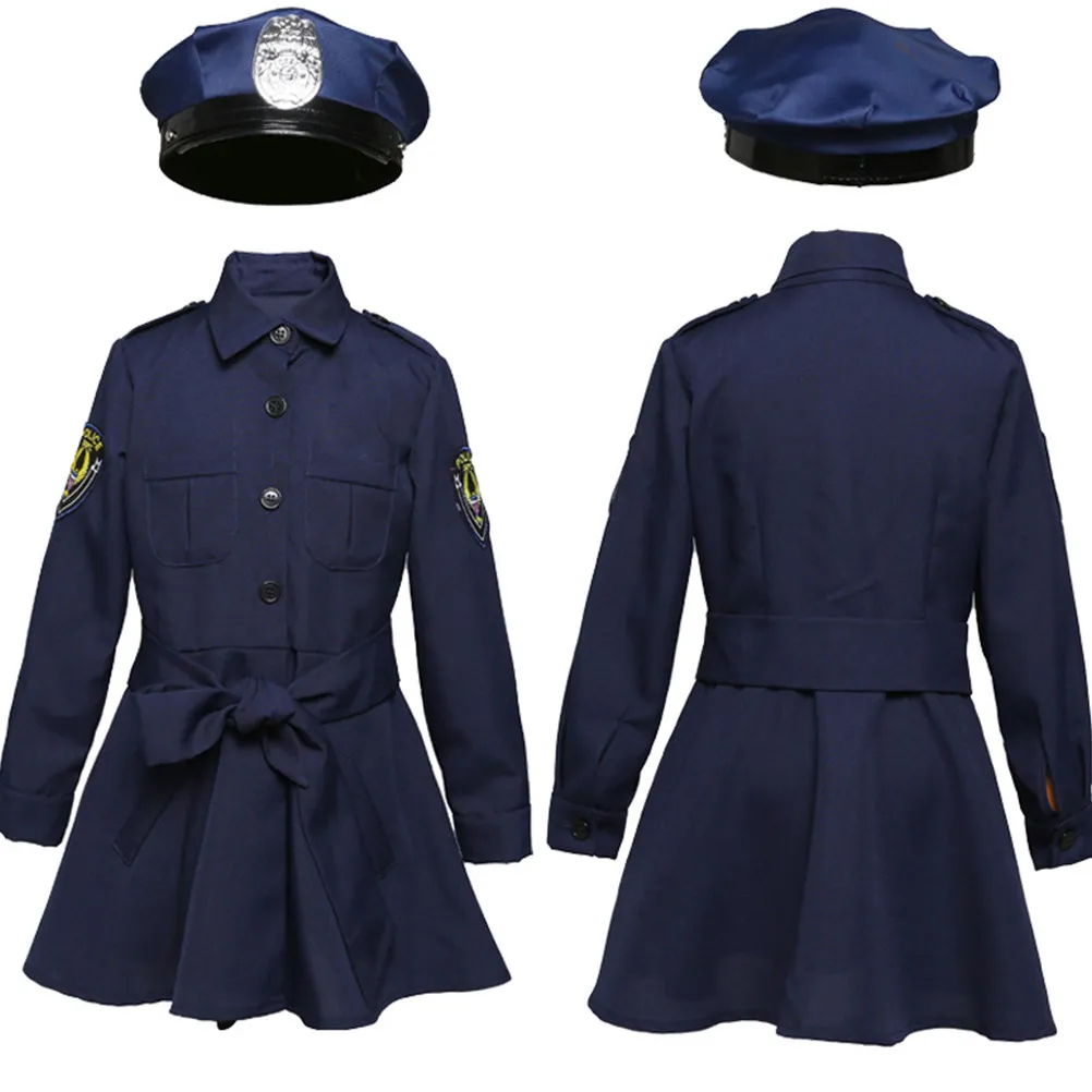 

Детский полицейский костюм для девочек, наряд для ролевых игр, костюм для Хэллоуина, дышащий, приятный для кожи, с длинными рукавами, темно-синяя юбка, размеры