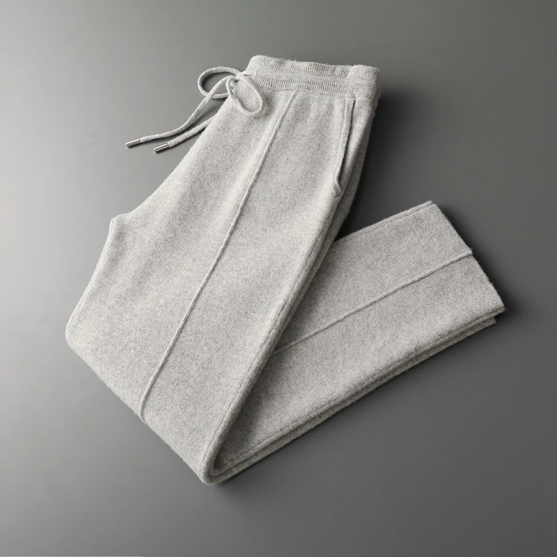 Autumn Winter 100% merino Wool Men's Wool Pants Thickened Knitted Long Pants Slim Fitting Solid Color Warm Flat Corner Pants