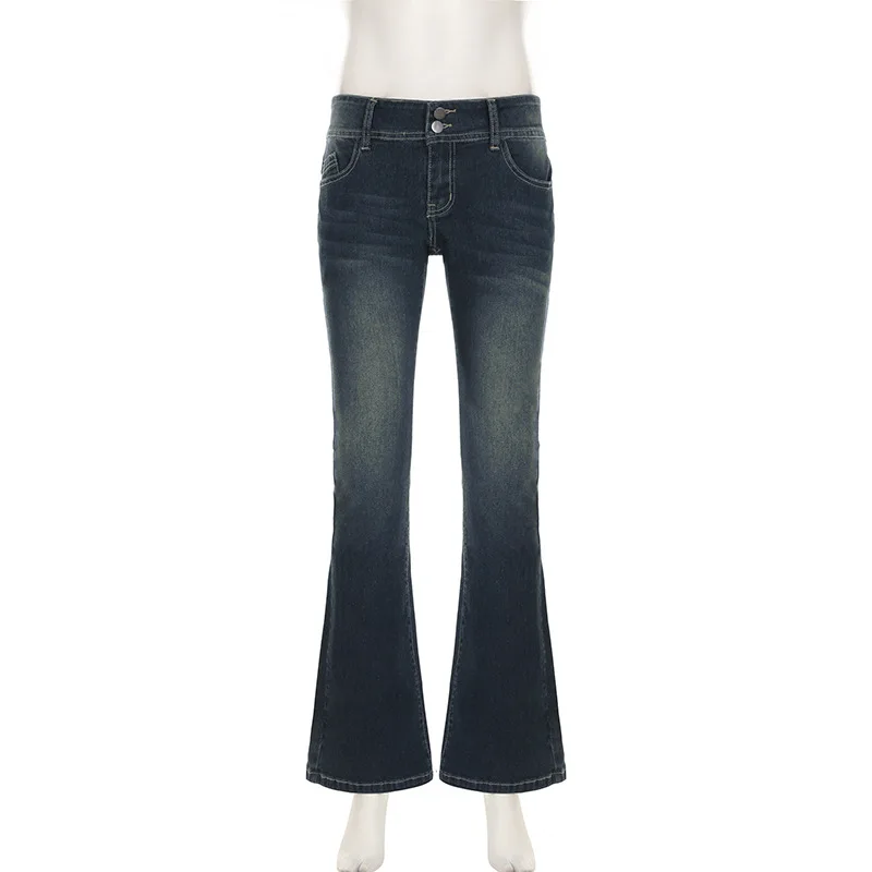 Vintage y2k Flared Jeans Retro Button-up Low Rise Casual Denim Pants Harajuku 2000s Trousers Basic Aesthetic Mom