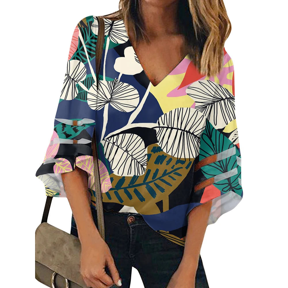 

Flowers And Plants Print Shirt V-Neck Chiffon Top Shirt Blue Polynesian Style Women Casual Sexy Blouse Flare Sleeve Shirt