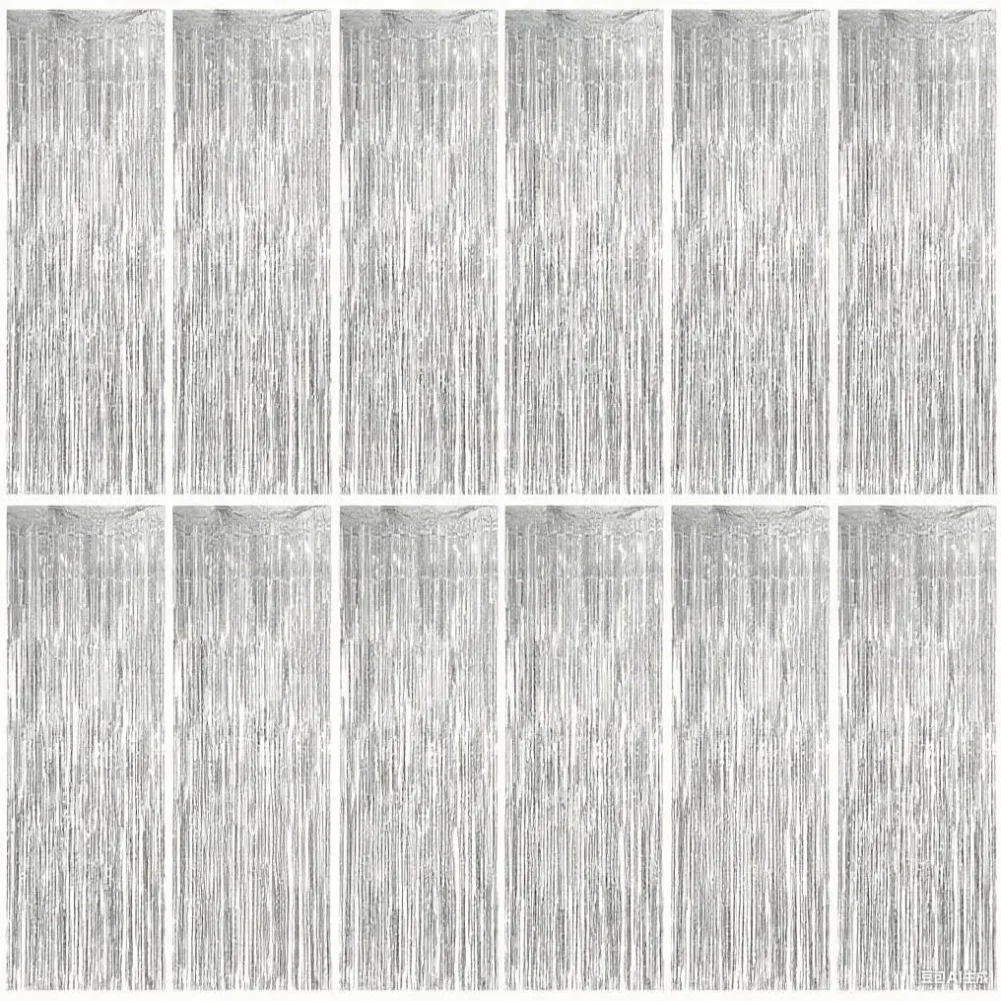 12 Silver Metallic Fringe Curtains for Custom Backdrop Design Lightweight PET Foil with for top for Secure Hanging