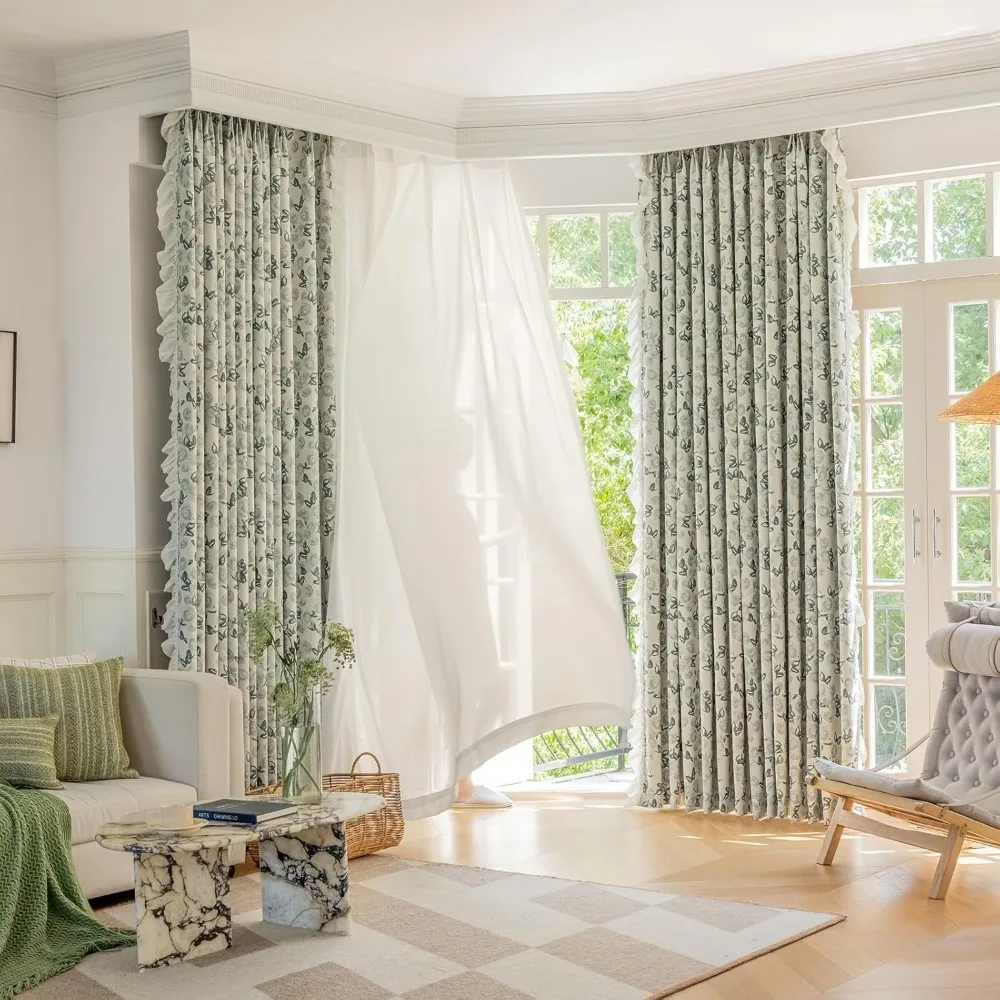 Epinki Curtains Blackout, Chenille Light Green Flower Printed with Ruffle Curtain with Grommets 40 x 96 Inches, 2 Panels