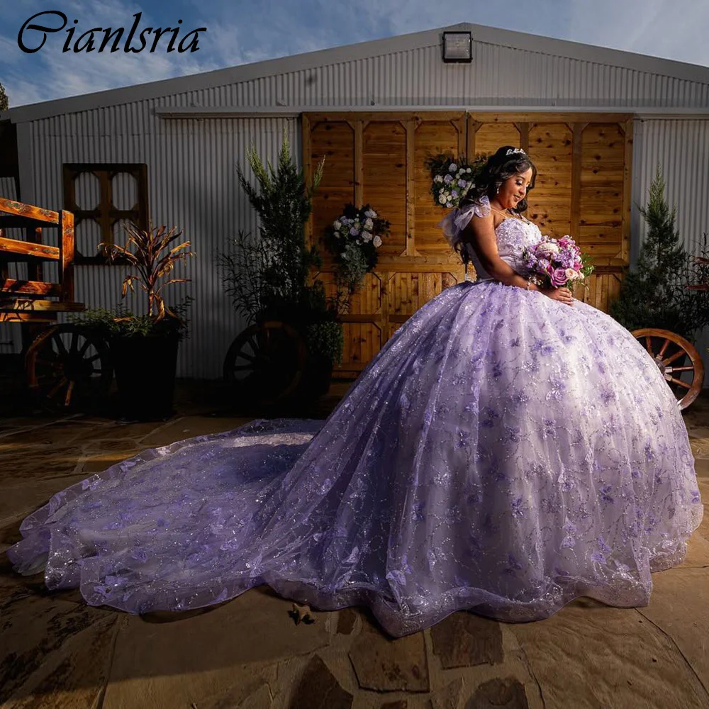 Vestidos lilas De encaje con lentejuelas para quinceañera, corsé con lazo y tirantes finos, mariposa 3D, 15 Años