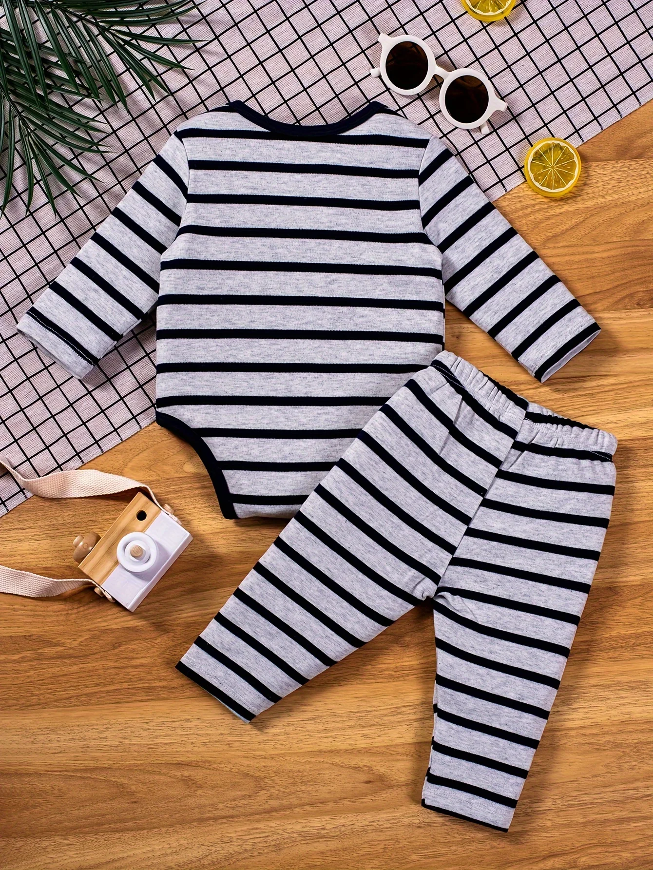 2pcs Infant\'s Long Sleeve Casual Outfit, Cotton Triangle Bodysuit & Elastic Waist Pants, Baby Boy\'s Clothes