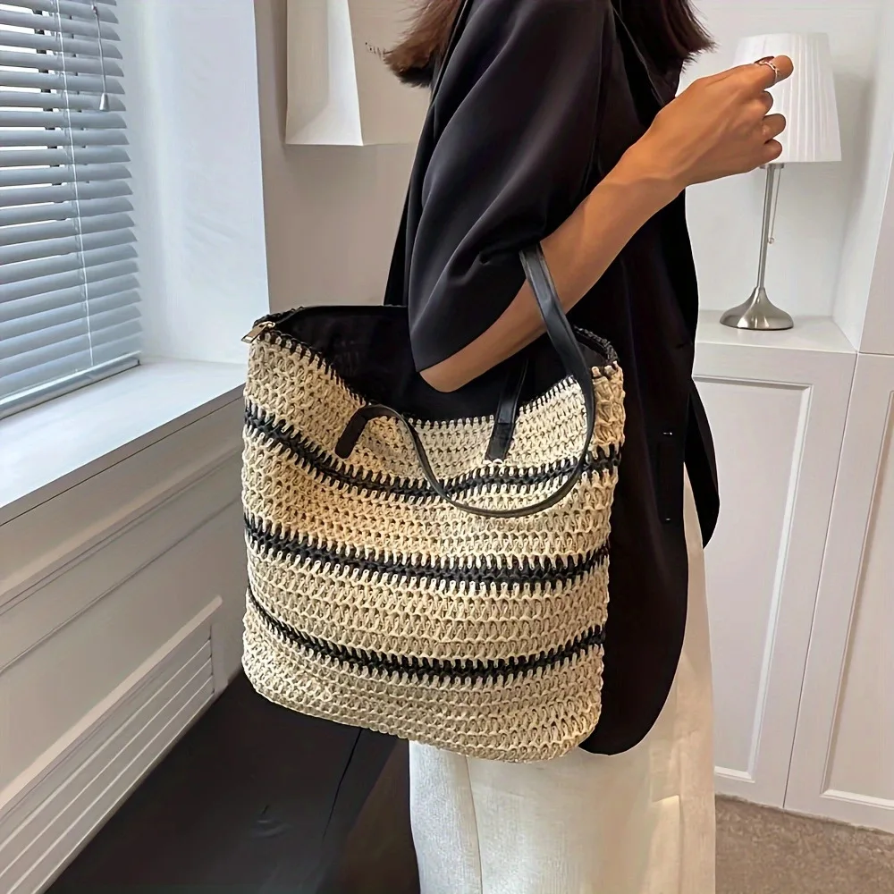 

Minimalist Woven Stripe Shoulder Tote Bag For Women Versatile Woven For Any Occasion Underarm Purse