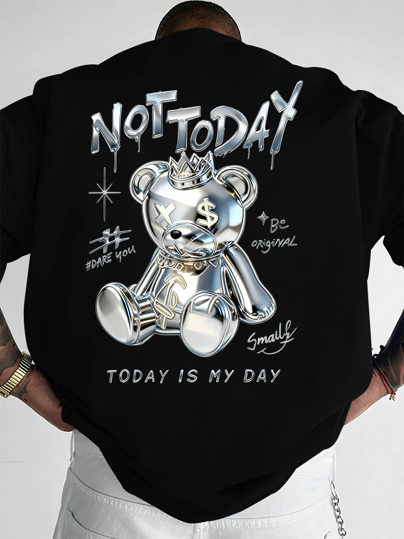 Men's Y2K Oversized T-Shirt, Metallic Chrome Teddy Bear Dollar Eye Graffiti Back Print, Polyester, Casual Outdoor, S-XXL