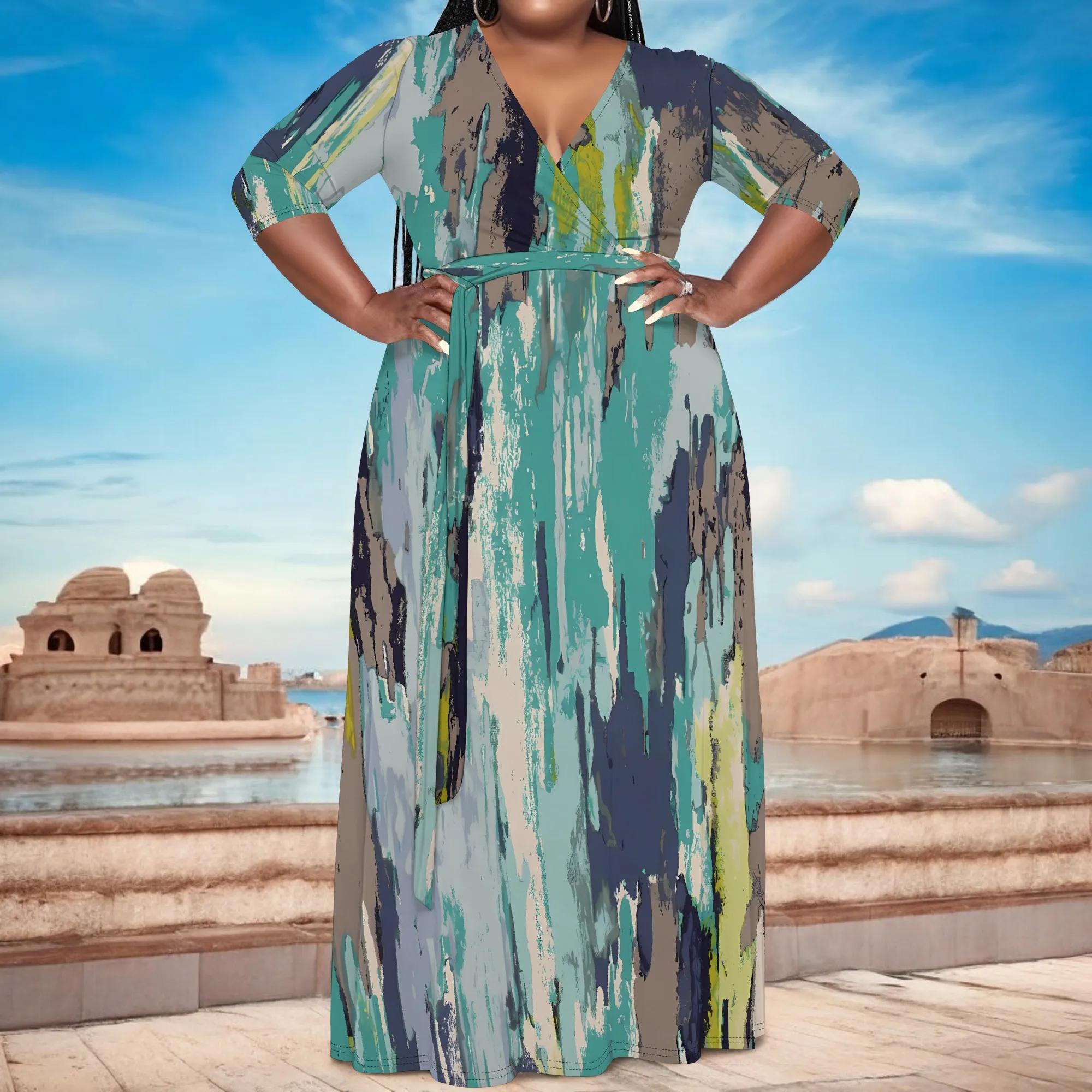 

Nupusa Plus Size Abstract Brush Print Wrap Maxi Dress for Women V Neck 3/4 Sleeve Belted Dress