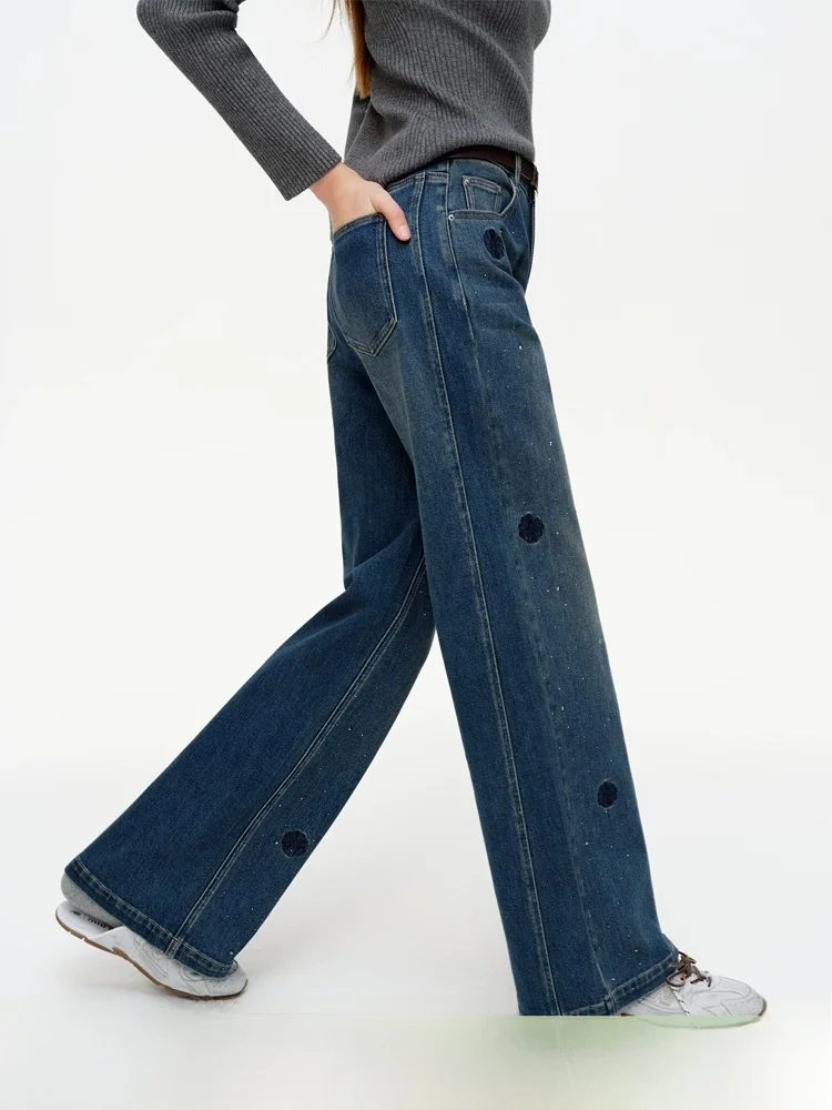 

Retro Waed Denim Jeans Embroidered Daisy Straight Leg High Waist Spring New Ladies Faion Cotton Stretch Zipper Closure Ca...