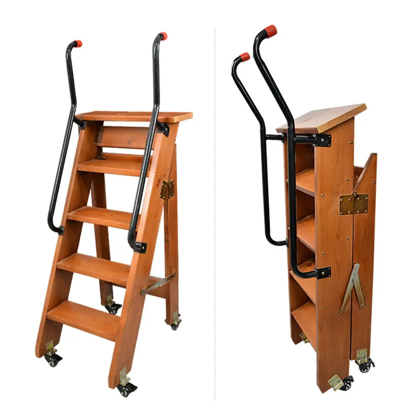 Household solid wood ladder, ladder with pulley, library ladder, bookshelf, mobile step staircase, folding stool
