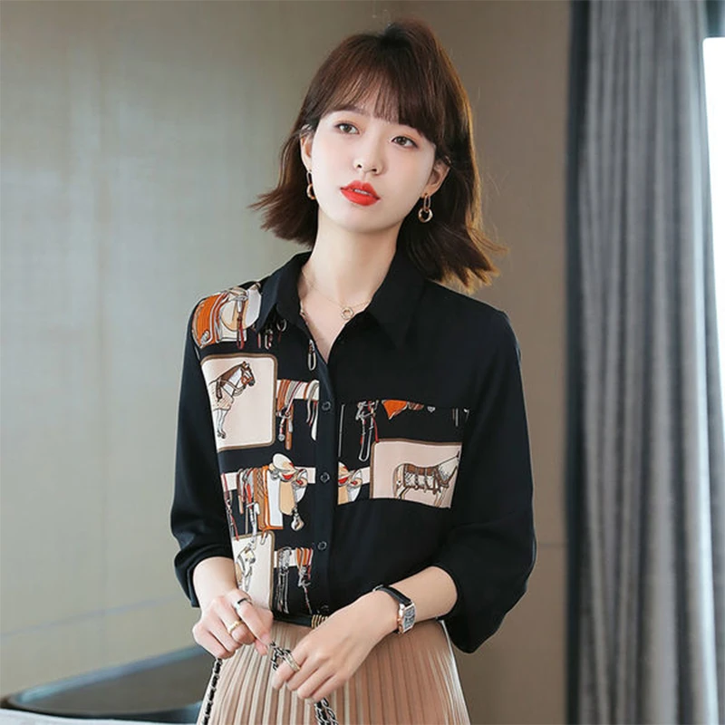 Spring and Summer Woman\'s Clothing HongKong Retro Style Fashion Niche Long Sleeve Shirt Tops Chiffon Blouse Printing Black Trend