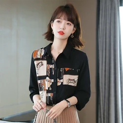 Spring and Summer Woman's Clothing HongKong Retro Style Fashion Niche Long Sleeve Shirt Tops Chiffon Blouse Printing Black Trend