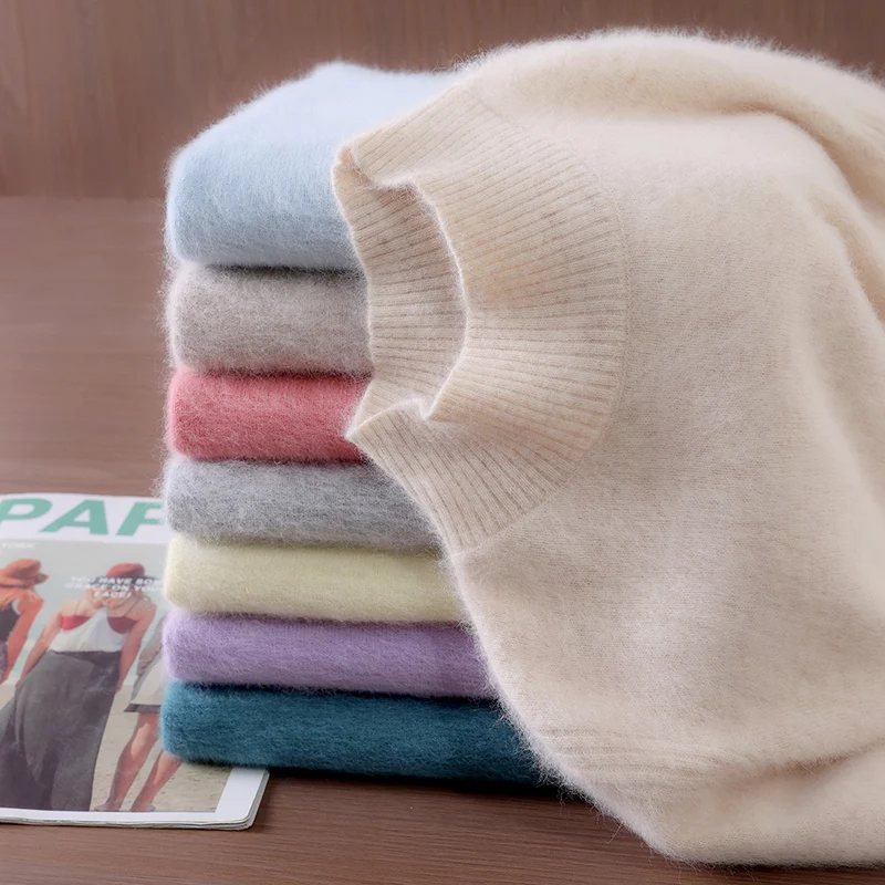 

Осенне-зимний новый женский норковый кашемировый свитер с высоким воротником, свободное однотонное шерстяное вязаное нижнее пальто