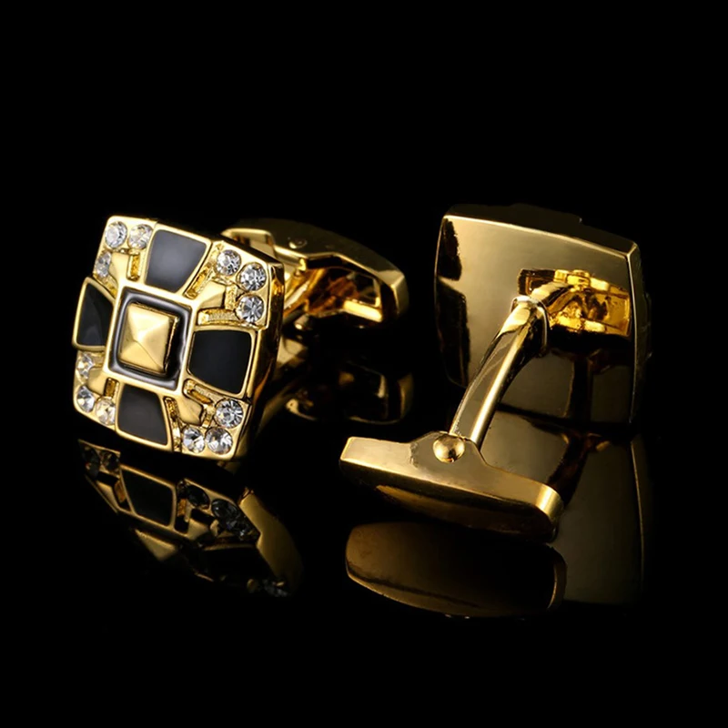 High Quality Golden Black Square Crystal Men\'s Business Enamel Cufflinks Dress Accessories French Shirt Cuff Father Jewelry Gift