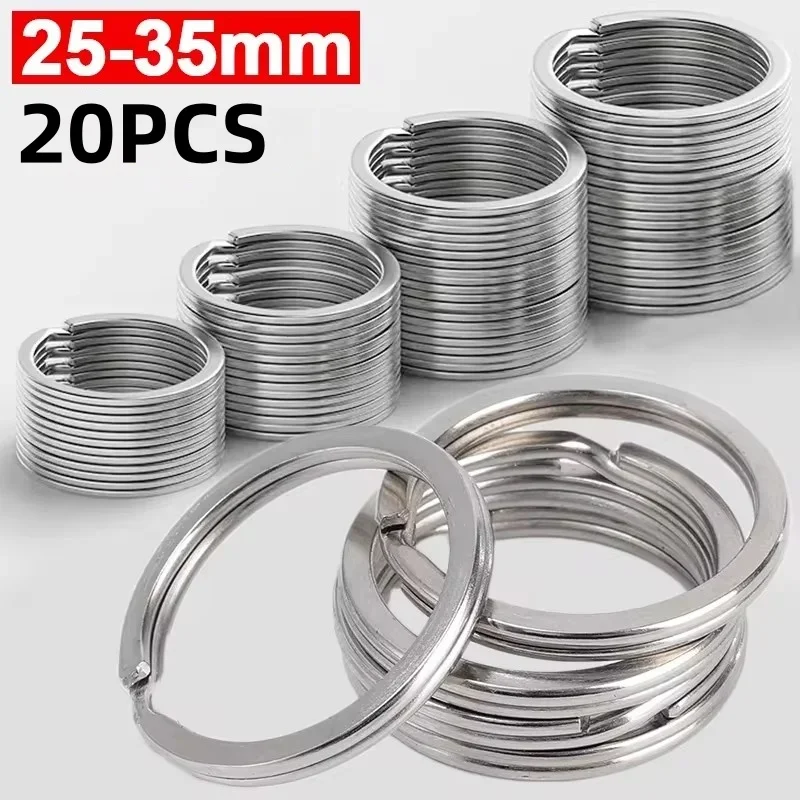 10-20 pièces Anneaux porte-clés en acier inoxydable, argent poli, ronds, plats, en fil, pour la fabrication de bijoux, porte-clés de voiture, DIY, 25-35mm