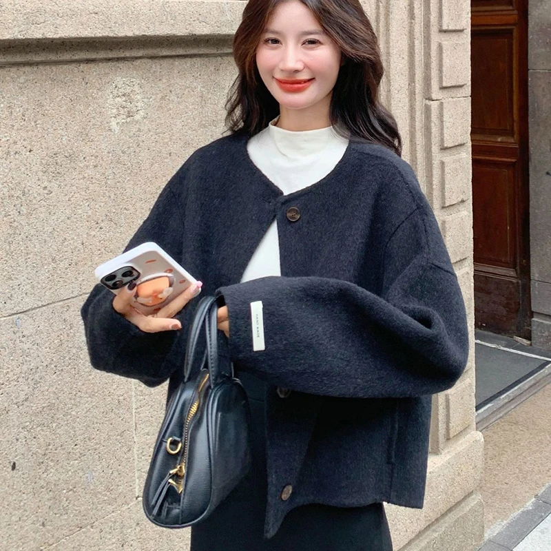 Women Woolen Coat Collarless Cropped Jacket Round Neck Oversized Drop Shoulder Button Down Short Outerwear Winter Cardigan Top