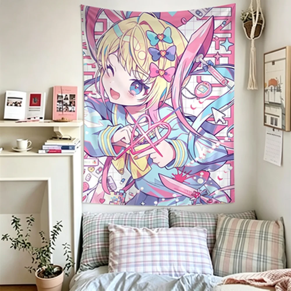 Cyber Yandere Girl Y2K Aesthetic Tapestry Kawaii Decor Bedroom Wall Styling Photo Backdrop Ideal for Geometric Cloud Design