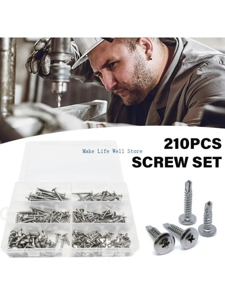 210Pcs Stainless Steel Round Head Washer Drill Tail Tapping Screws Enduring