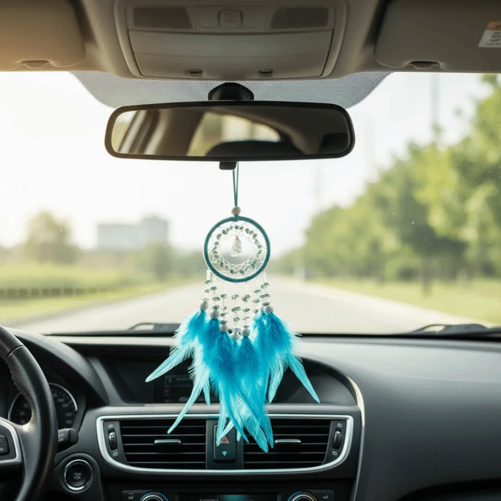 Handmade Dream Catcher Car Pendant Delicate Tassel Hand Knitting Crystal Stone Car Pendant with Feather Exquisite Interior