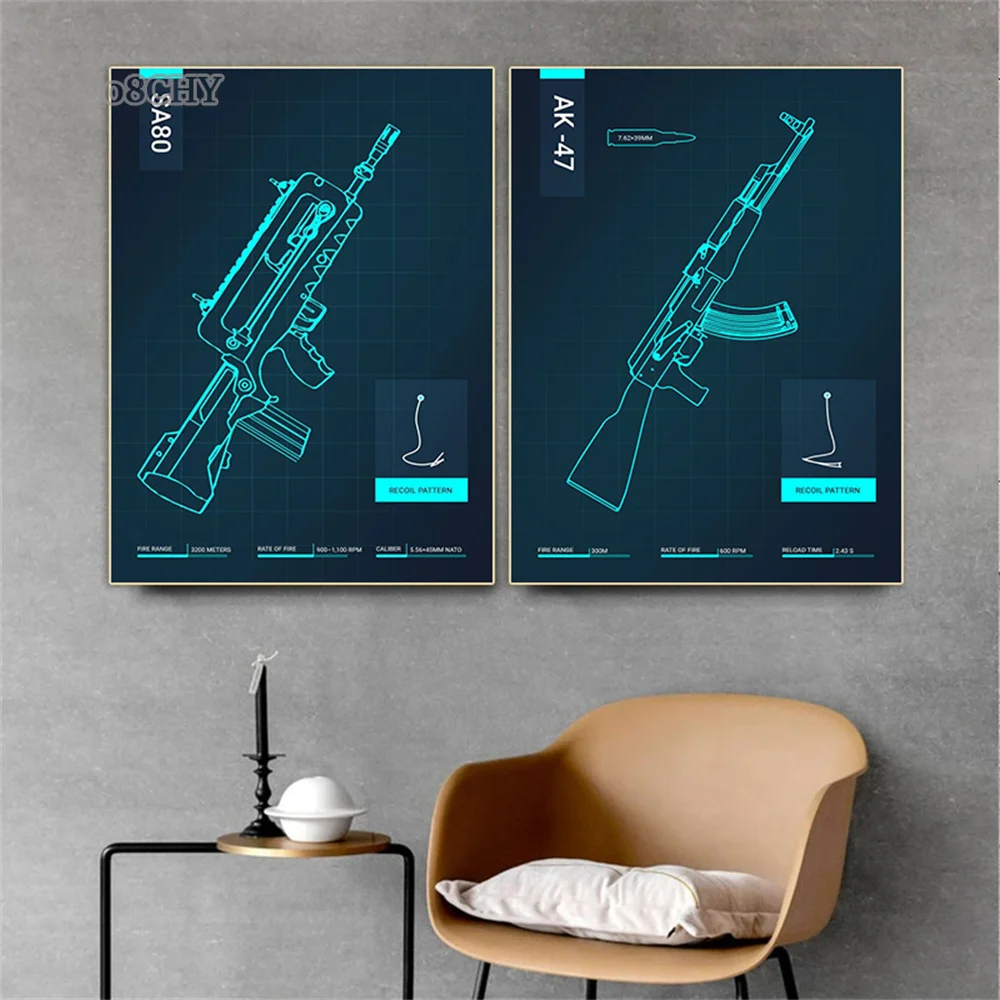 Abstract Gun Blueprint Wall Art Pictures AK47 Gun Blueprint Posters Canvas Print Painting for Modern Home Living Room Decor Gift