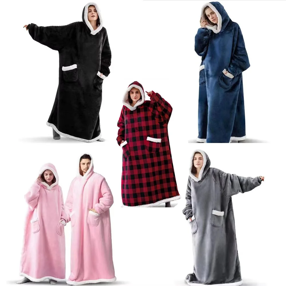180cm Super Long Flannel Blanket Pyjamas with Sleeves Winter Hoodies Sweatshirt Women Men Pullover Fleece Giant Oversized Outdoo
