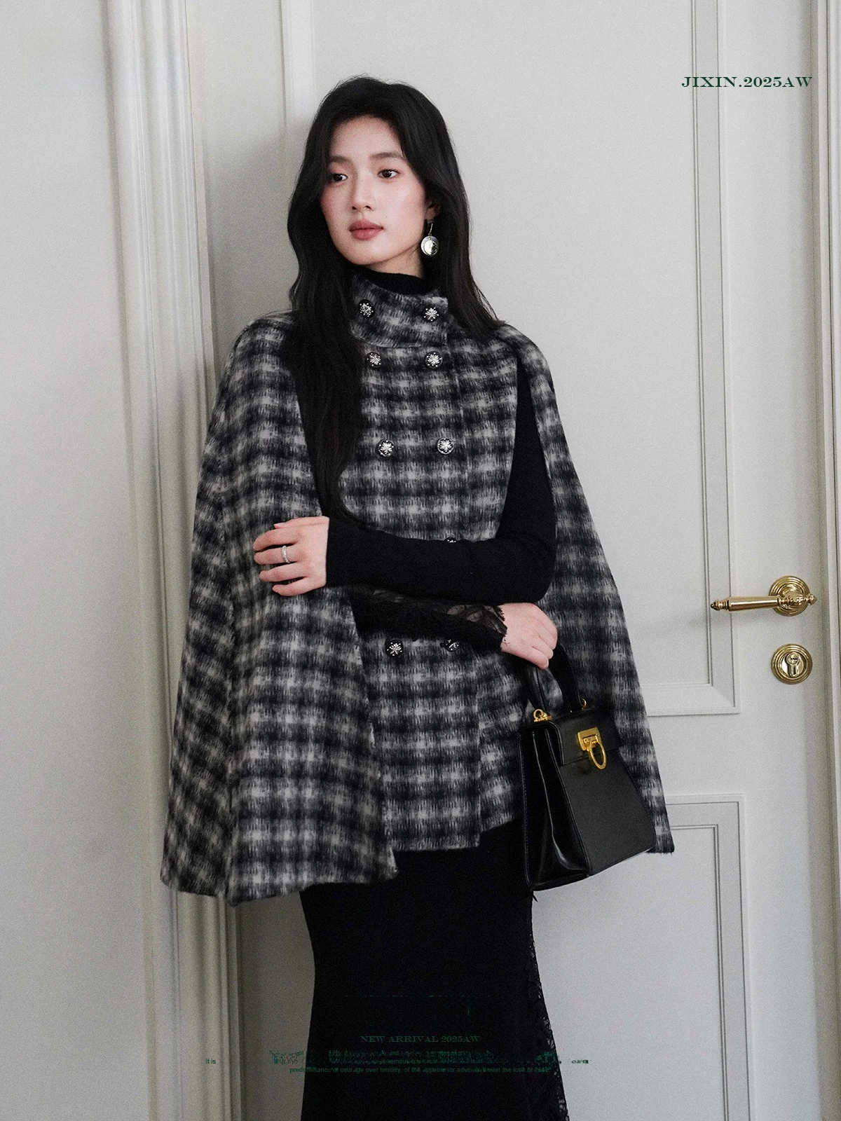 

Double-Sided Camel Wool Tartan Coat Briti Sle Double-Breasted Coat Long Sve Stand Collar Midi Length for Young Women