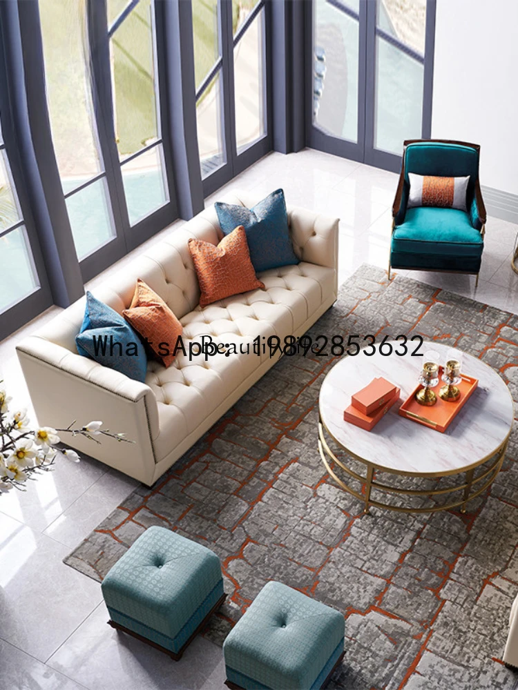 QQ American light luxury leather sofa modern high-end living room original buckle three-person wooden sofa
