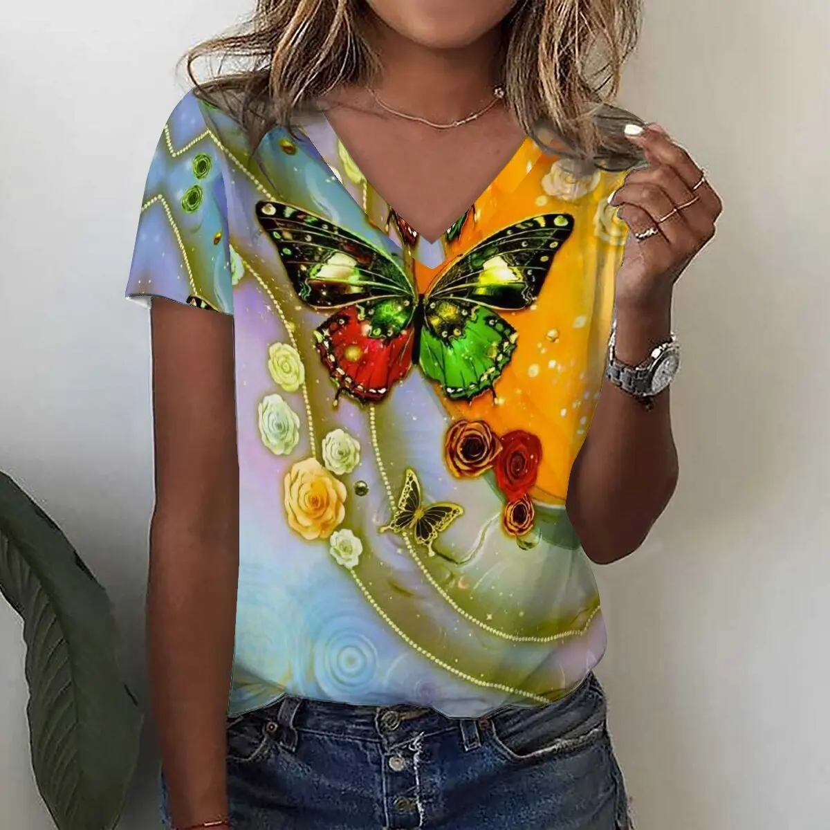 Fashion Sunflower Floral 3D Print T Shirt Summer Women V-Neck T-shirts Harajuku Oversized Streetwear Y2k Tees Top Woman Clothing