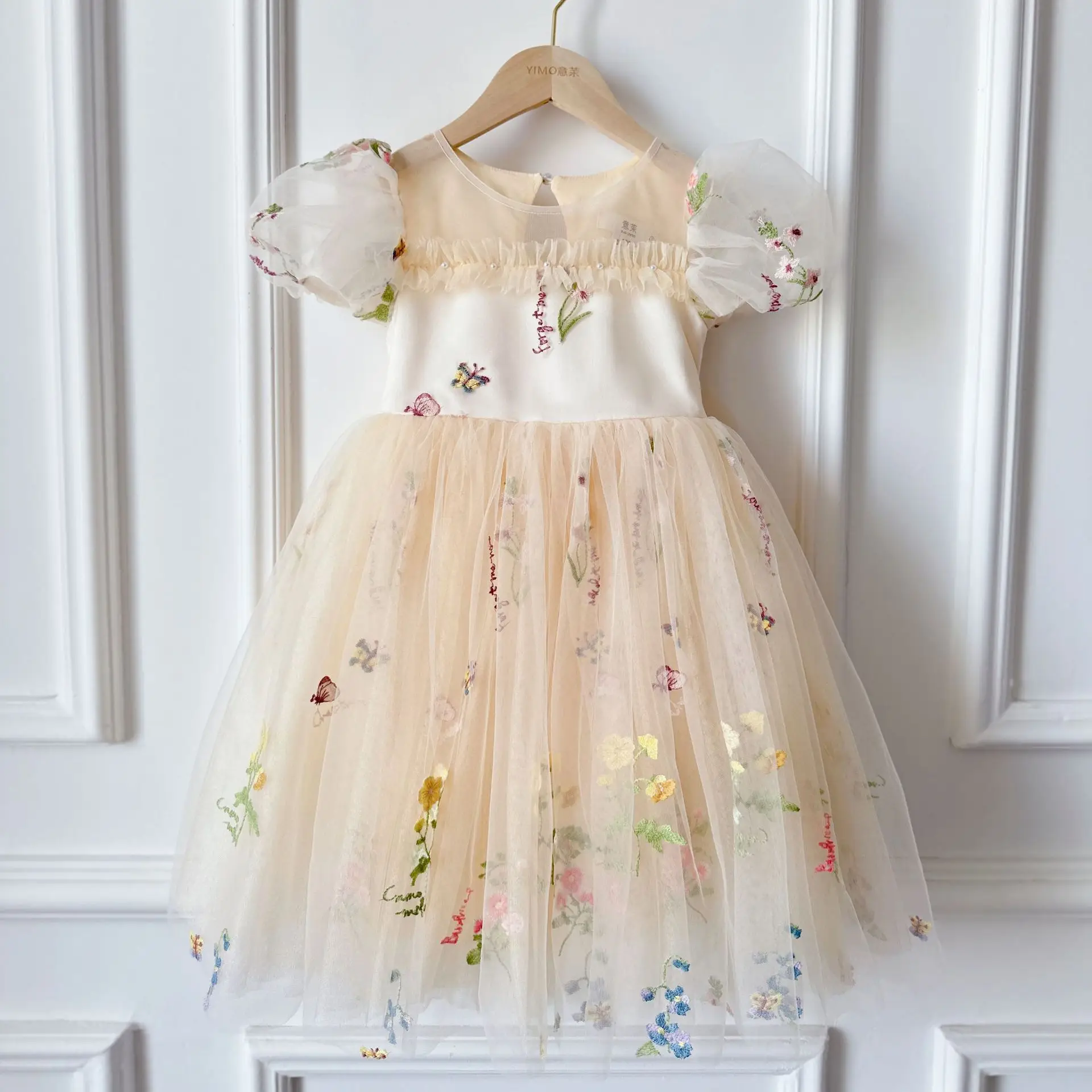 

Girl Party Dress Vacation Blue Ball Gown for Toddler Luxury Girls Dress Floral Embroidered Tulle Princess Puffy Sleeves Flower