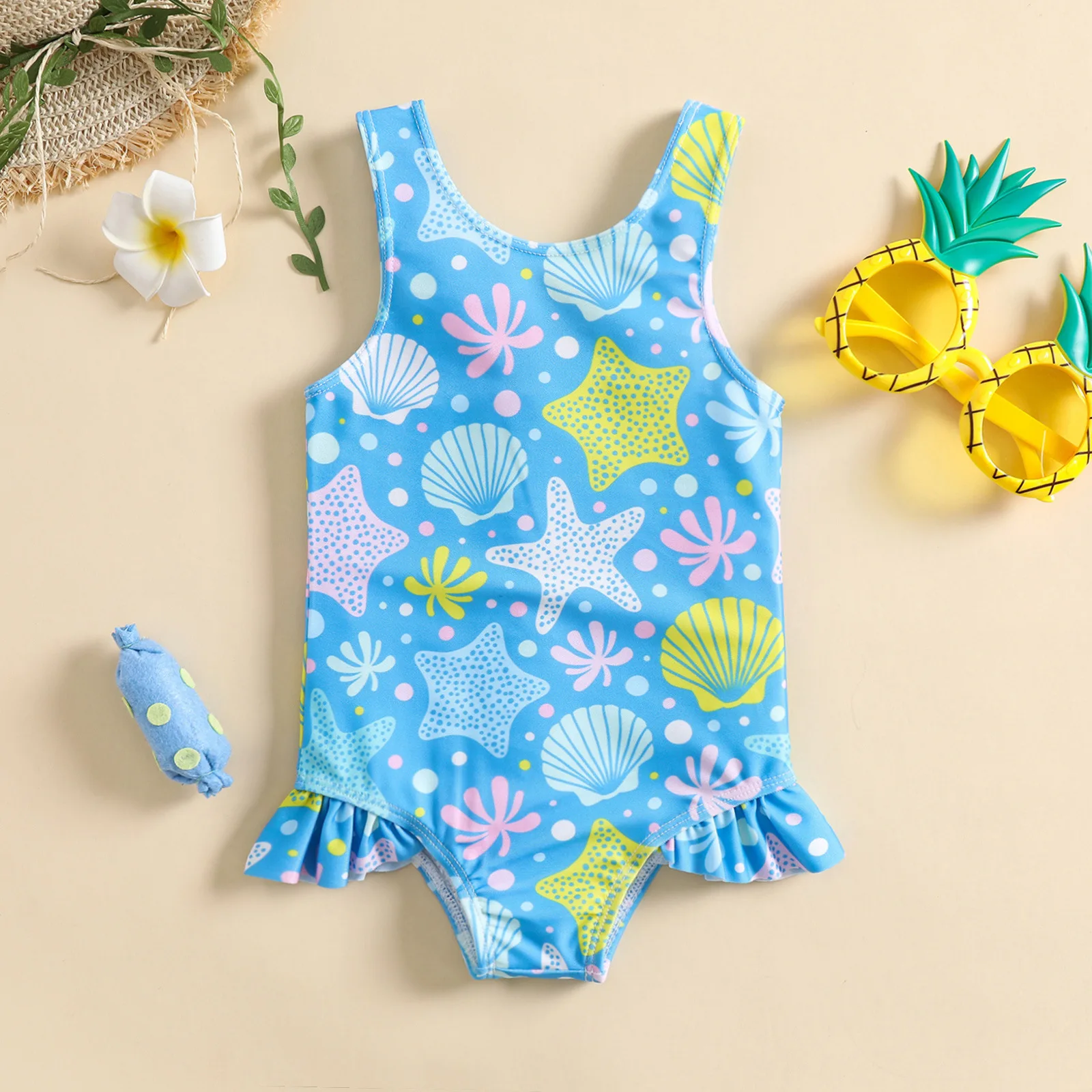 Baby one piece swimsuit with full print starfish and shell marine pattern and leg ruffle design,suitable for seaside trip and po
