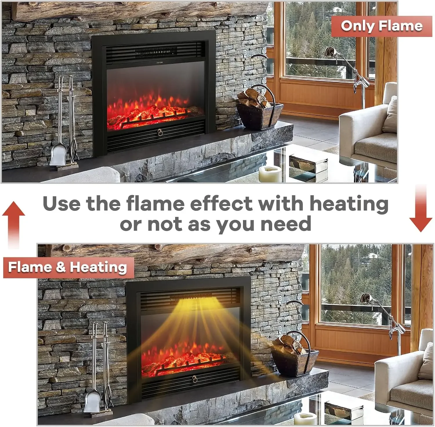 

Fireplace with Remote Control, 3 Color Adjustable Flames, 2 Modes Heat, 8 H Timer, 5 Brightness Settings, 750/1500W Heater