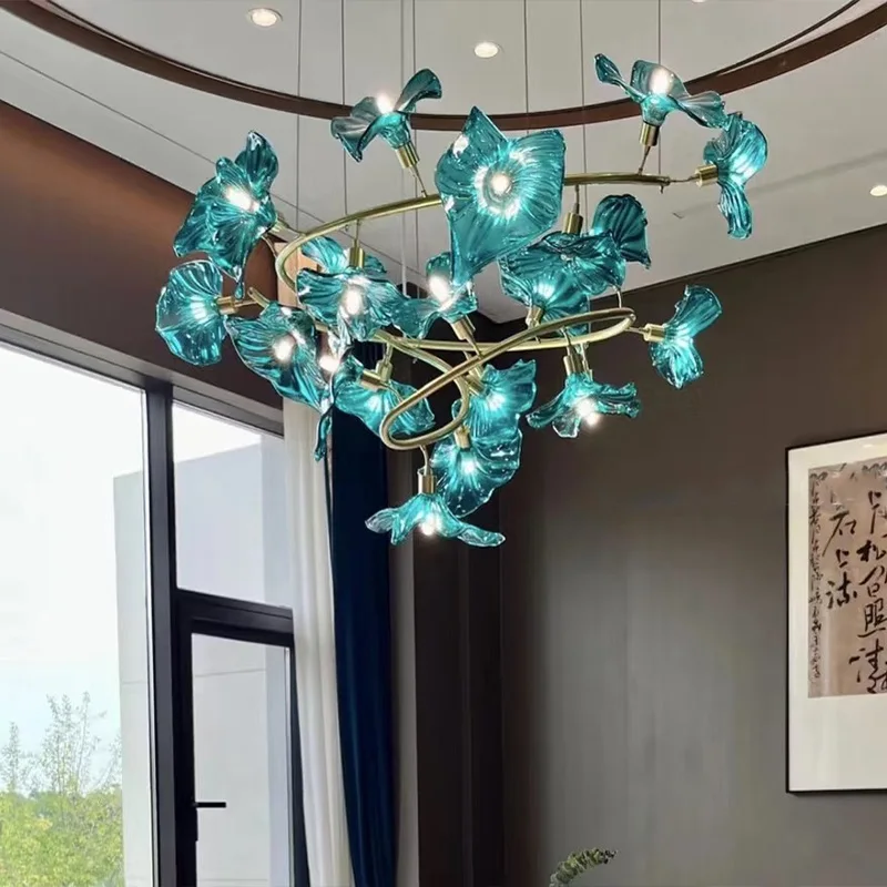 

2025 New Blue Glass Shade Pendant Lamp Modern Design Dimmable Ceilings Lustre for Hotel Restaurant Villa Mall