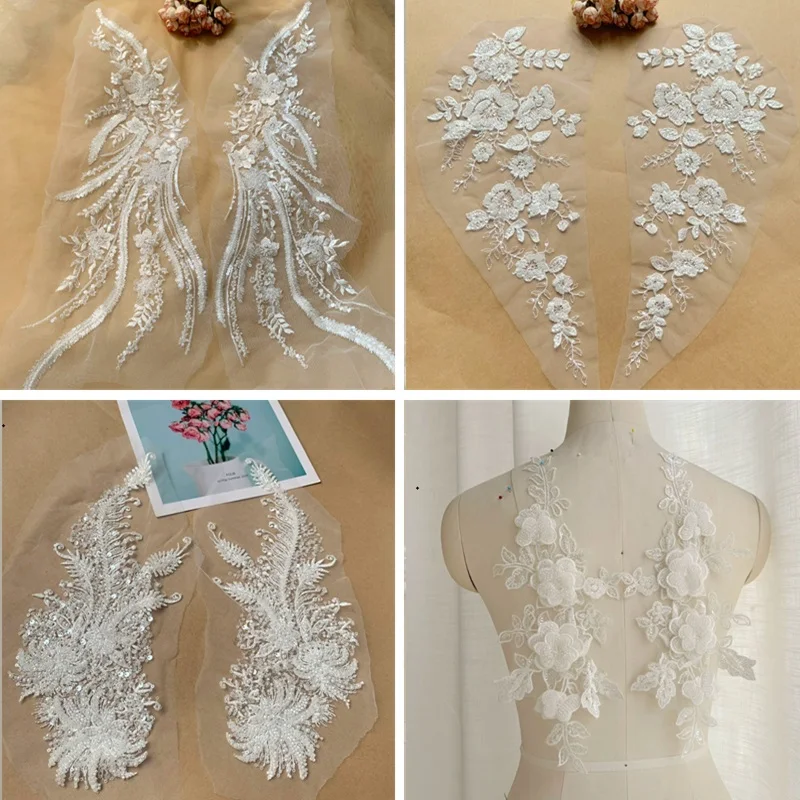 

2 шт. = 1 пара цвета слоновой кости, белое бисерное кружево, зеркальные цветы, цветы, листья, вышивка, свадебное платье, головной убор, сделай сам, швейные принадлежности, патч