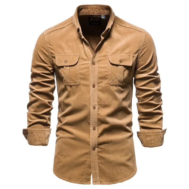 

New Hight Quality Men Shirts Single Breasted 100% Cotton Mens Shirt Business Casual Fashion Solid Corduroy Slim Fit Dress Shirts