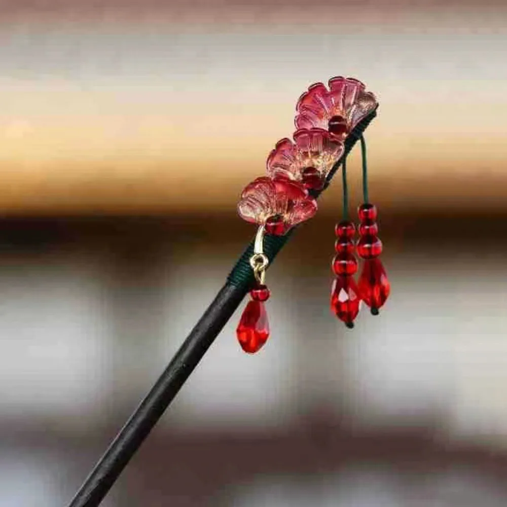 

Wooden New Chinese Hair Stick Vintage Handmade Hanfu Hair Bun with Tassel Flower Hairpin Fork For Women Girls