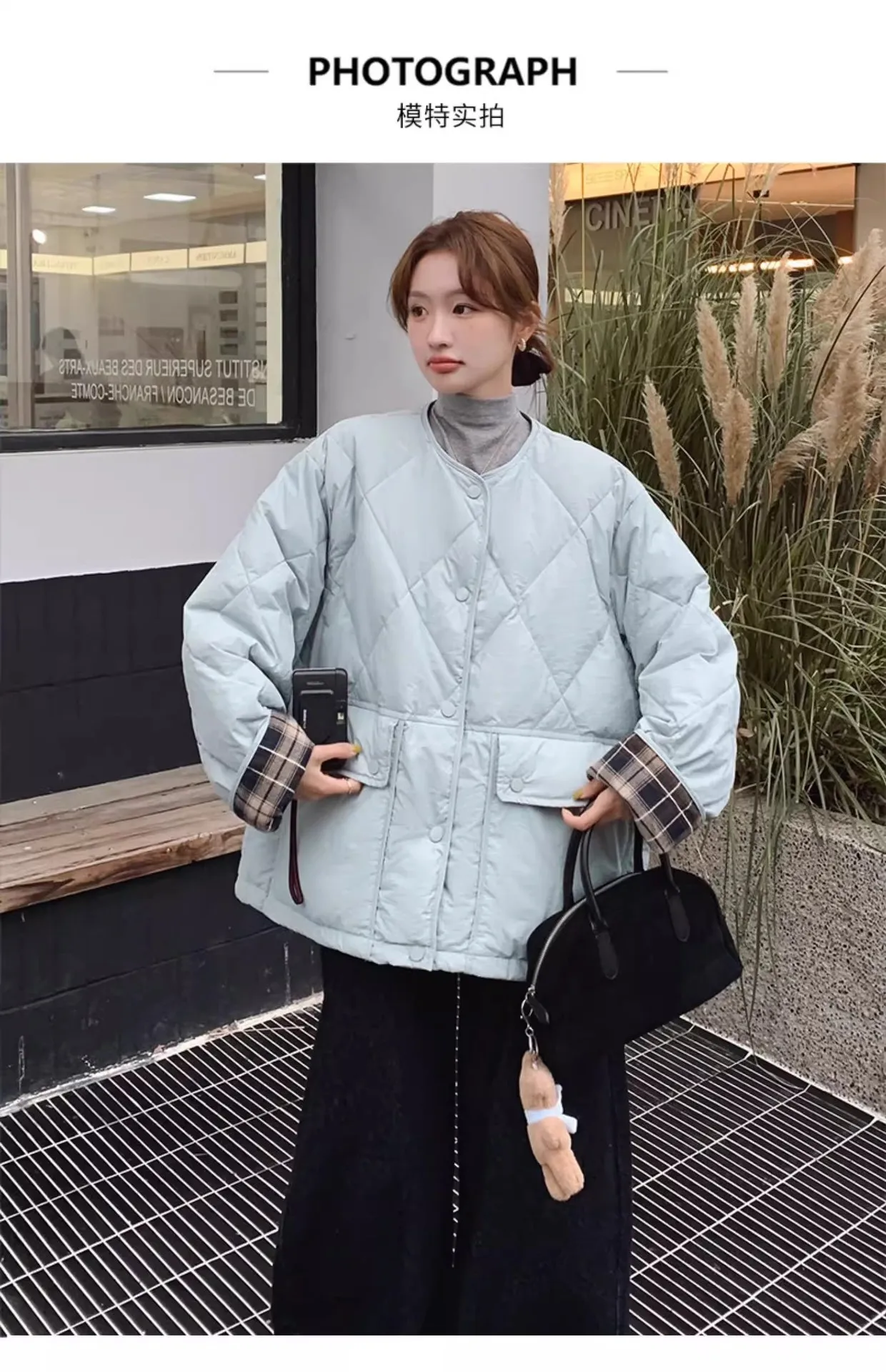 Retro Plaid Patchwork Lightweight Puffer Jacket Autumn Winter Loose Casual Quilted Jacket Female Round Neck Commute Padded Coats
