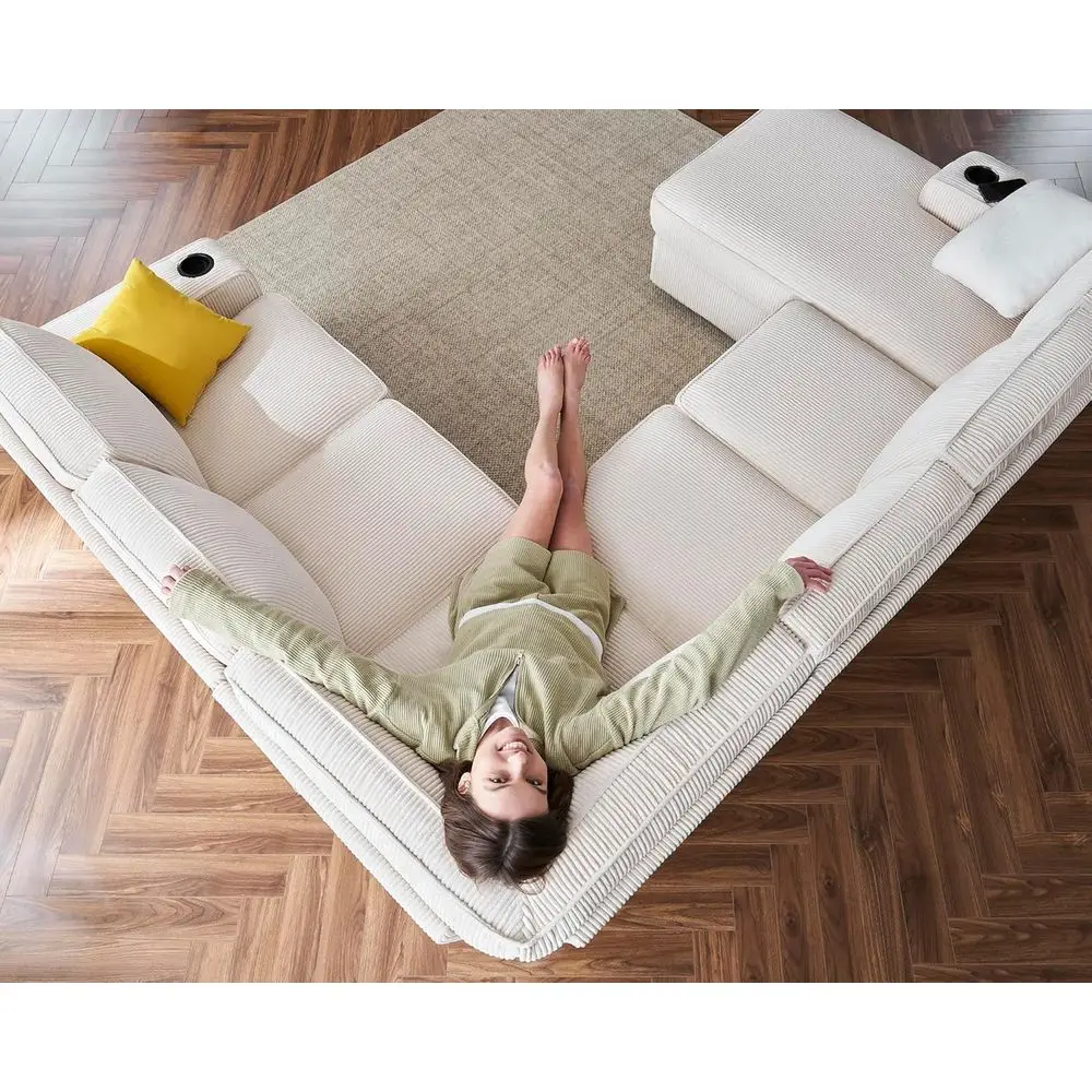 

Jumbo Corduroy Beige Sectional Sofa with Storage Chaise, Cup Holders, and USB/Type-C Ports