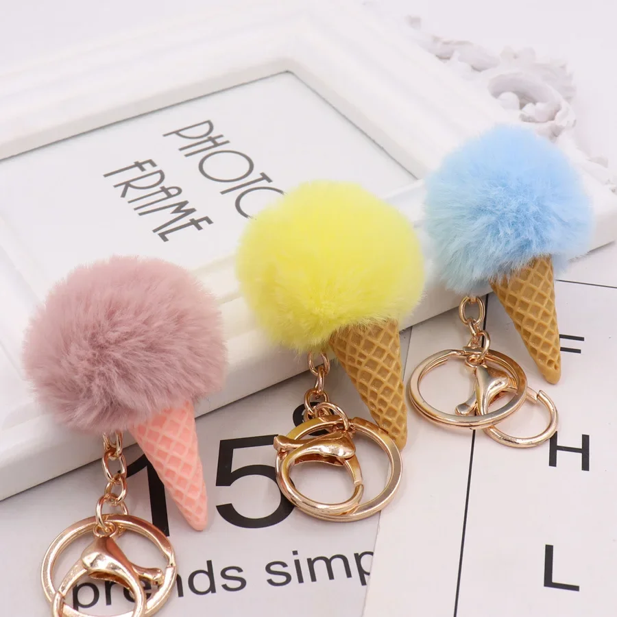 Cute Hair ball ice cream cone Keychain Pendant Women Key Ring Holder Pompoms Key Chains gifts for women bag accessories