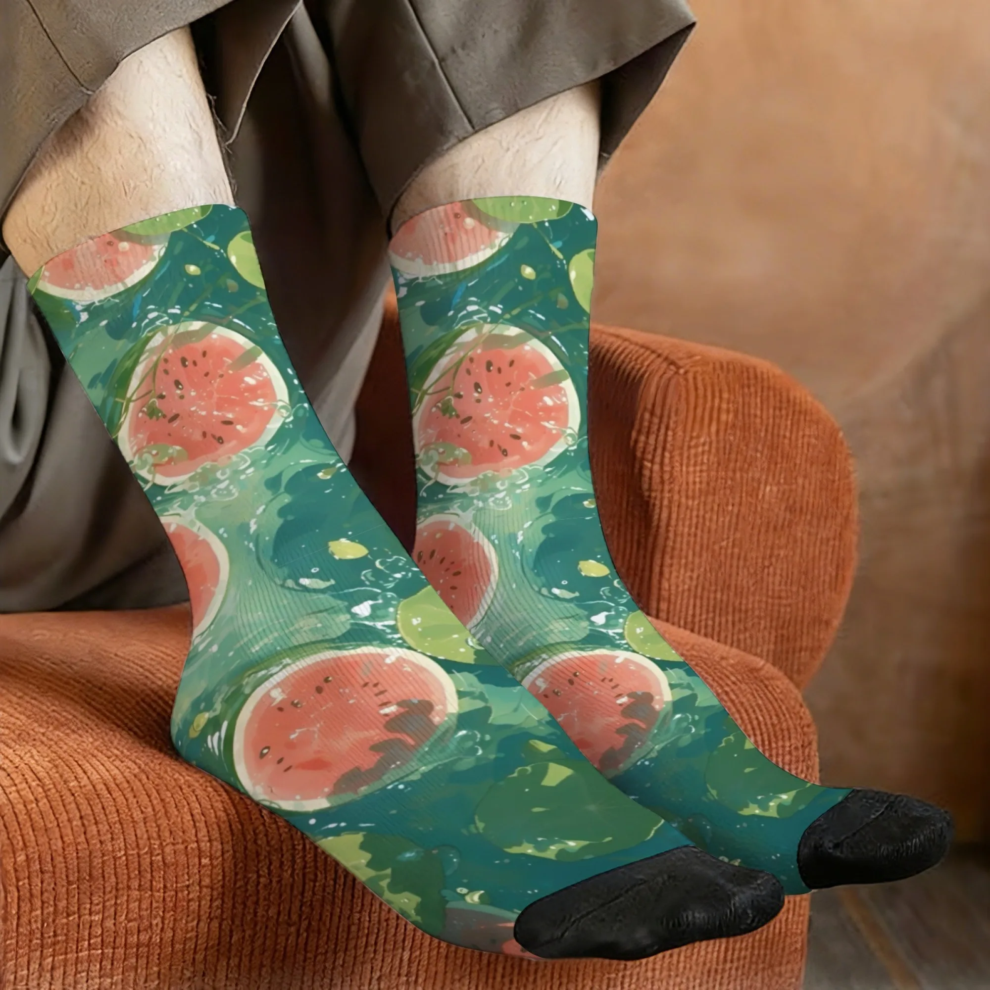 Summer Watermelon Art Socks Non-Slip Elastic Breathable Men's Socks Travel Leisure Hiking Happy Party Street Style Graphic Socks