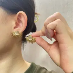 CARLIDANA Geometric Gold Plated Half Round Fan Round Fire White Natural Stone Opal Stud Earrings for Girls Women Jewelry