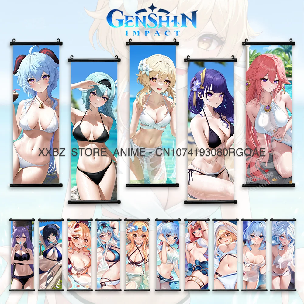 Genshin Impact Scrolls Picture Keqing Hanging Paintings Teyvat Wall Art Sexy Anime Girl Hu Tao Posters Barbara Home Decoration