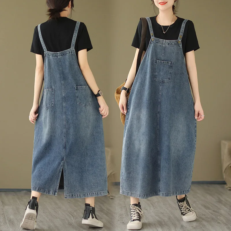 

Korean Retro Denim Strap Dress For Women 2023 New Spring/Summer Loose Style Sling Long Dress Overall Jeans Vestidos Z1444