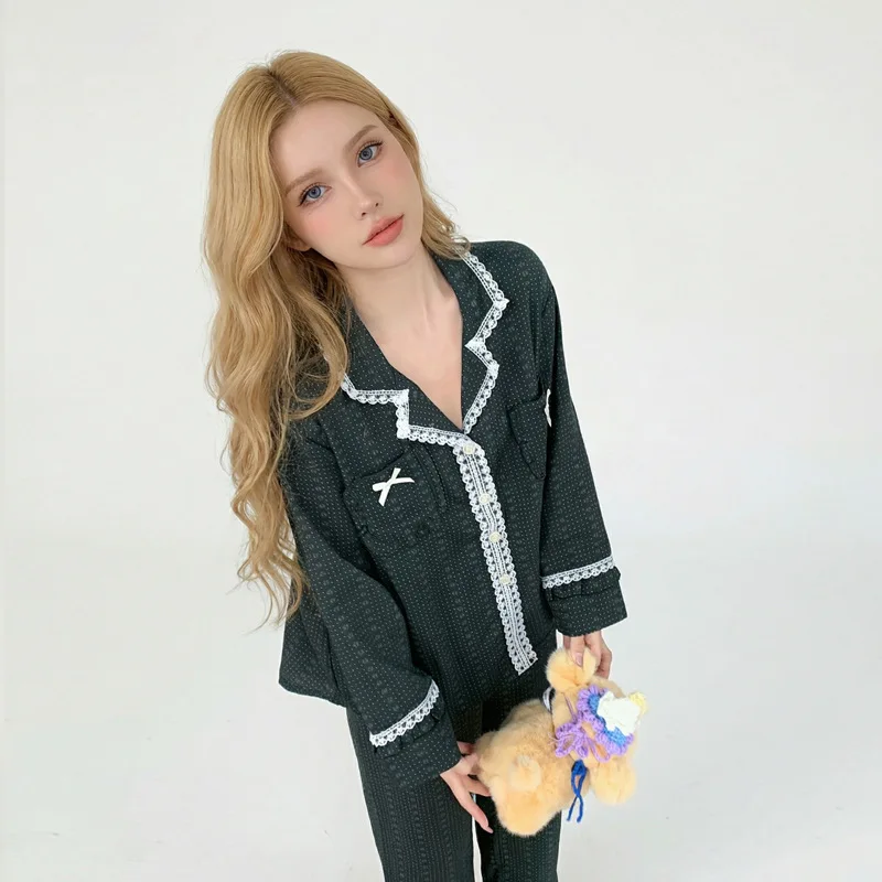 26 Spring Summer Women Pajama Sweet Long-sleeve Pants 2piece Set Double-layer Gauze Cotton Vintage V-neck Nightgown Sleepwear