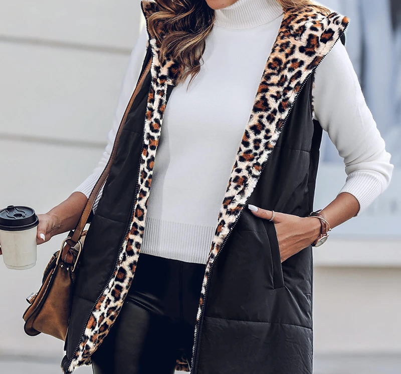 Sleeveless Jacket Women Vest 2025 Autumn Winter Latest Leopard Pattern Zip Up Hoodie Pockets Long Warm Winter Coat Streetwear