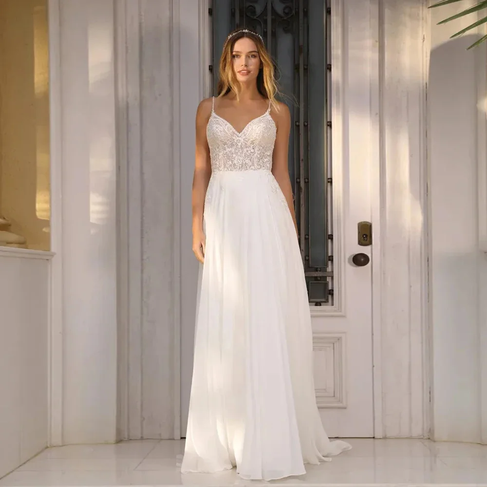 

Wedding Dress Sleeveless Chiffon Spaghetti Strap Bride Gowns Applique Sheath Bridal Dress Elegant Formal Bride Dress for Wedding