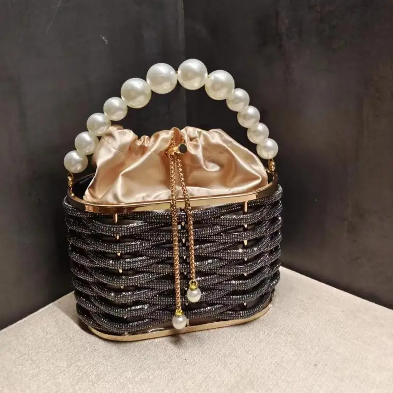 Big Pearl Hand Handle Handbag Shoulder Pearl Wedding Party Clutch Purse Shiny Evening Bag Crossbody Rhinestone Luxury Woman