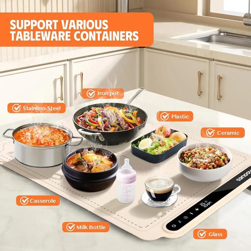 Portable Food Warming Mat 7 Level Temperature Control 10S Rapid Heating Silicone Nano Material Timer 6H Eco Friendly Home