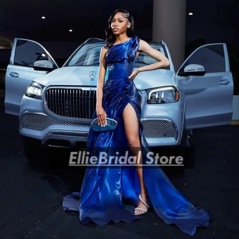 Royal Blue Flowing Satin Evening Dress For Nigerian Girls Luxurious Party Dresses High Split Mermaid Evening Gowns Customized